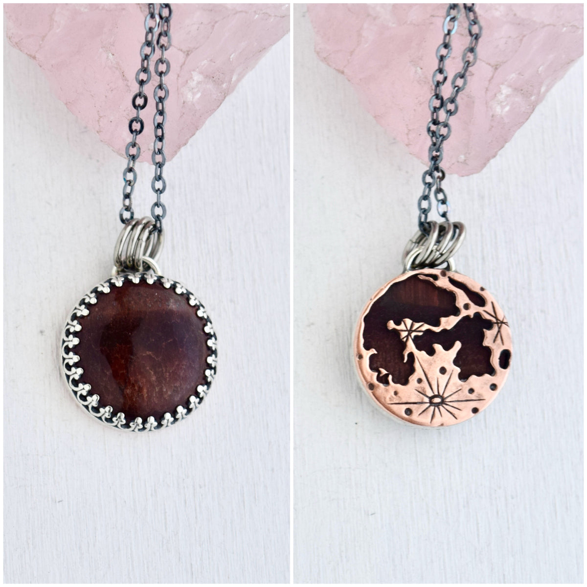 Double Sided Copper Full Moon and Tigers Eye Necklace