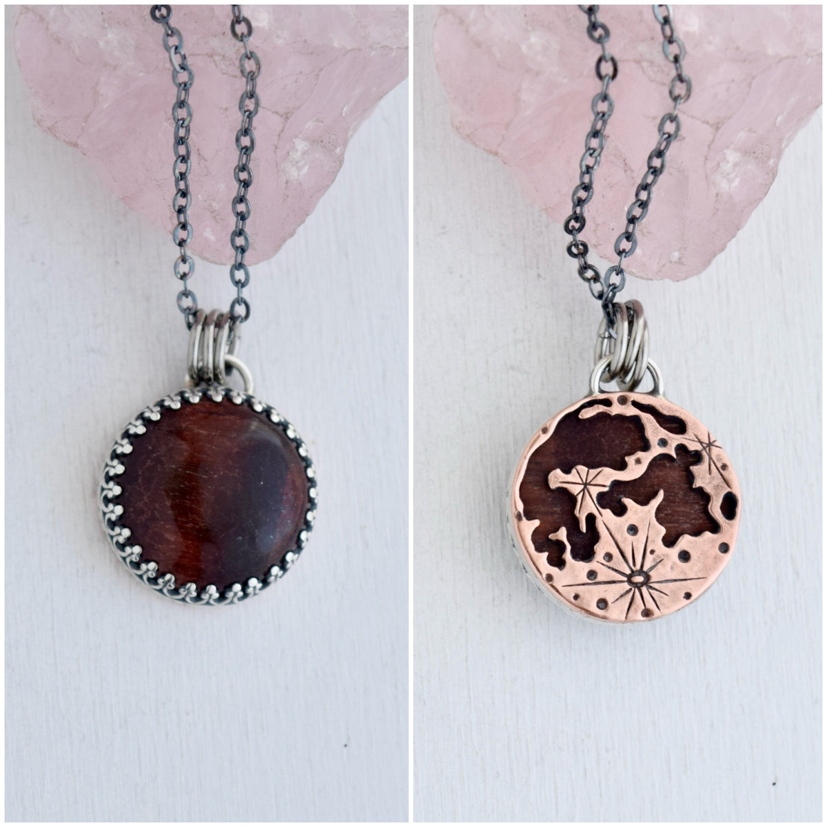 Double Sided Copper Full Moon and Tigers Eye Necklace