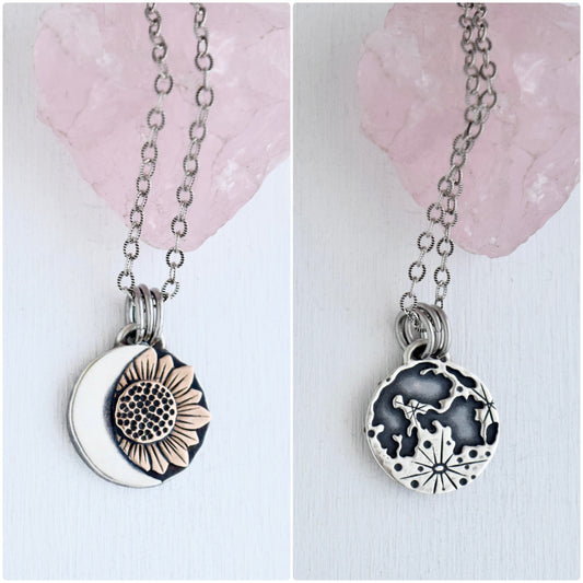 Double Sided Lunar Sunflower Pendant with Bronze