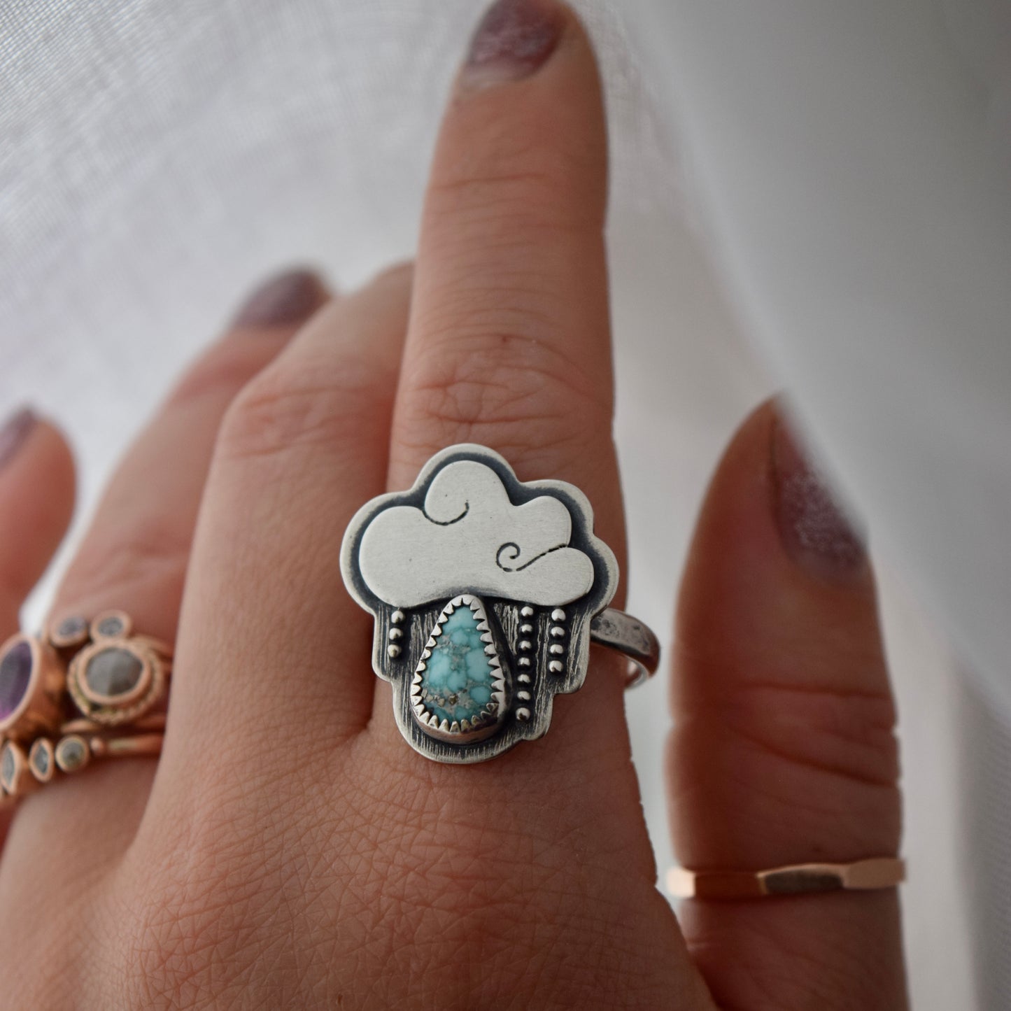 Little Dark Cloud Ring with White Water Turquoise size 10