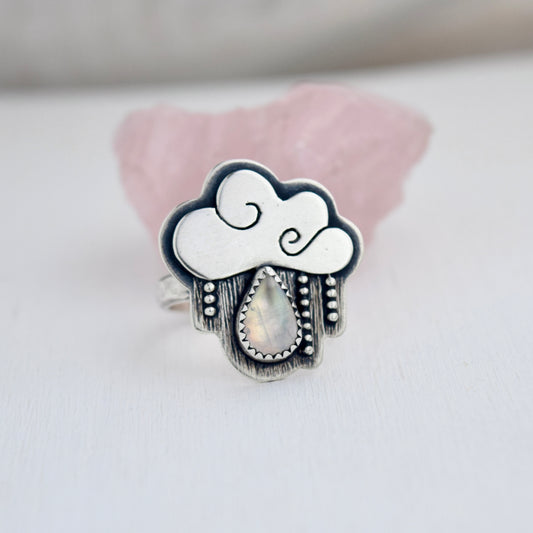 Little Dark Cloud Ring with Rainbow Moonstone size 8