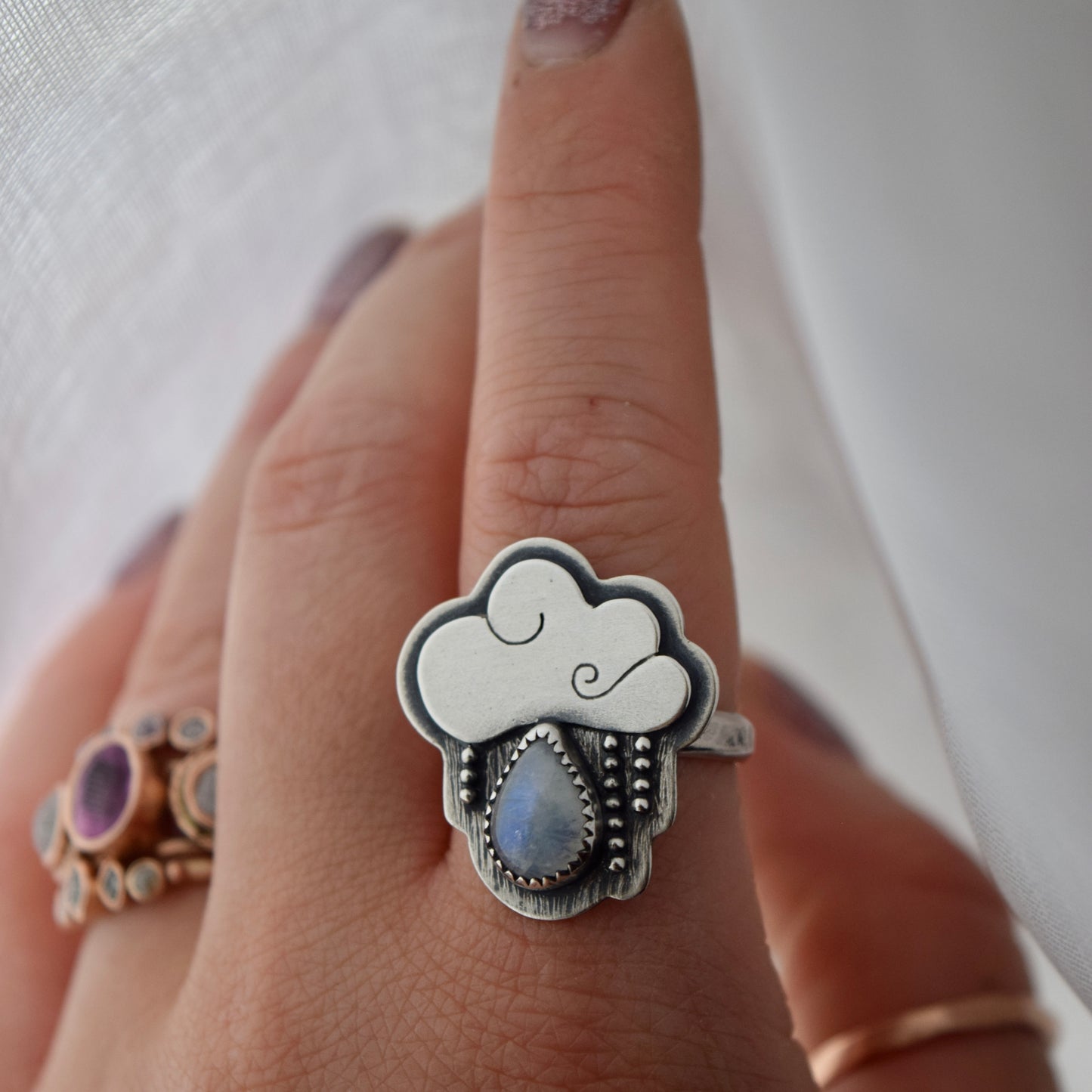 Little Dark Cloud Ring with Rainbow Moonstone size 7