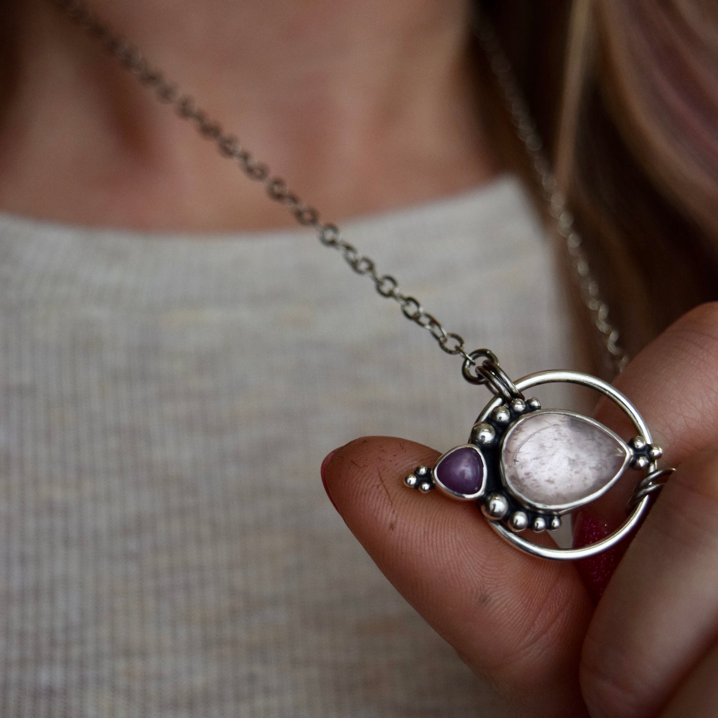 Pendulum Pendant with Morganite and Sapphire