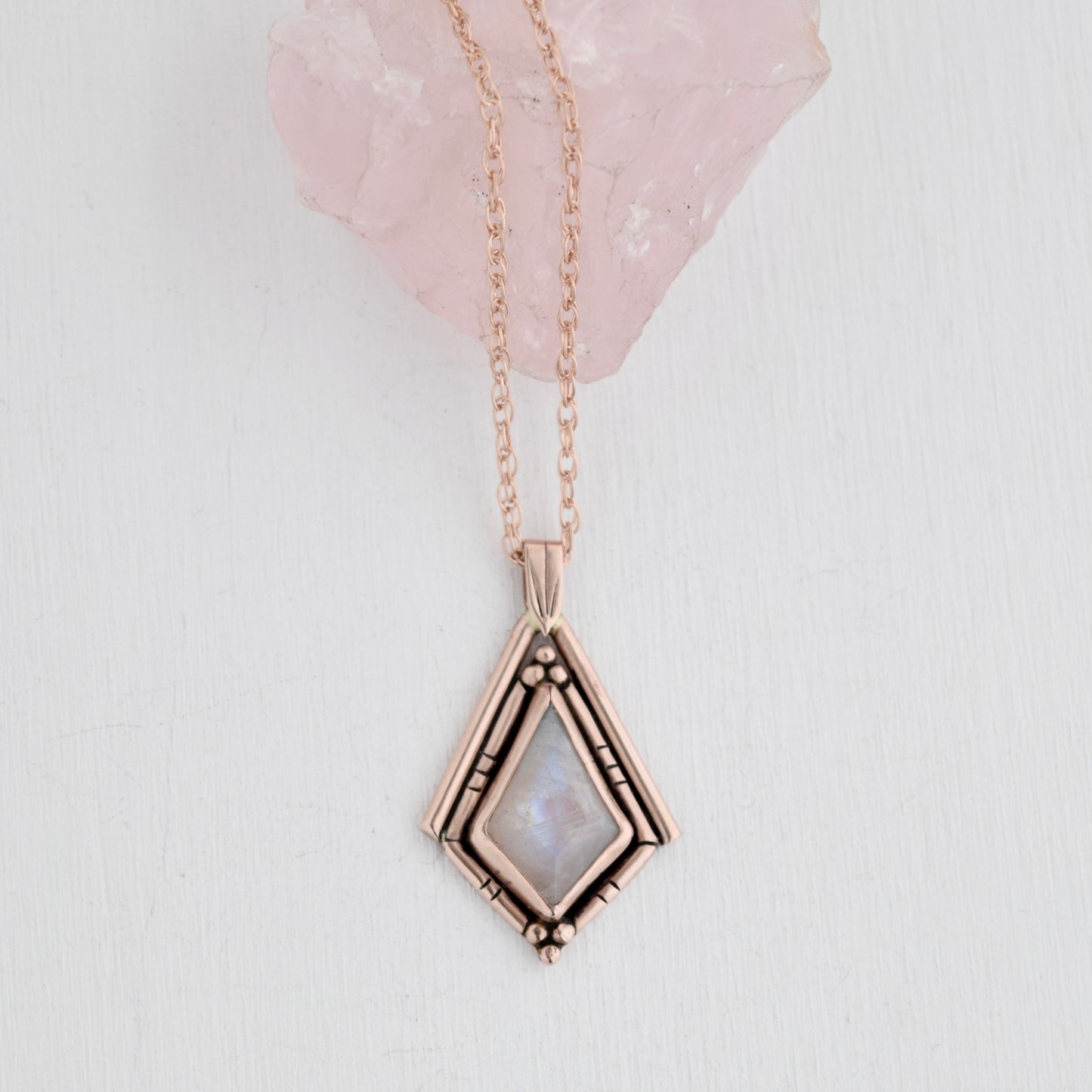North Star Necklace with 14k Solid Rose Gold, Rose Gold Fill Chain, and Rainbow Moonstone