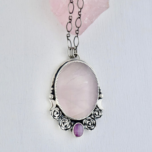 Worry Stone Pendant with Rose Quartz and Star Ruby