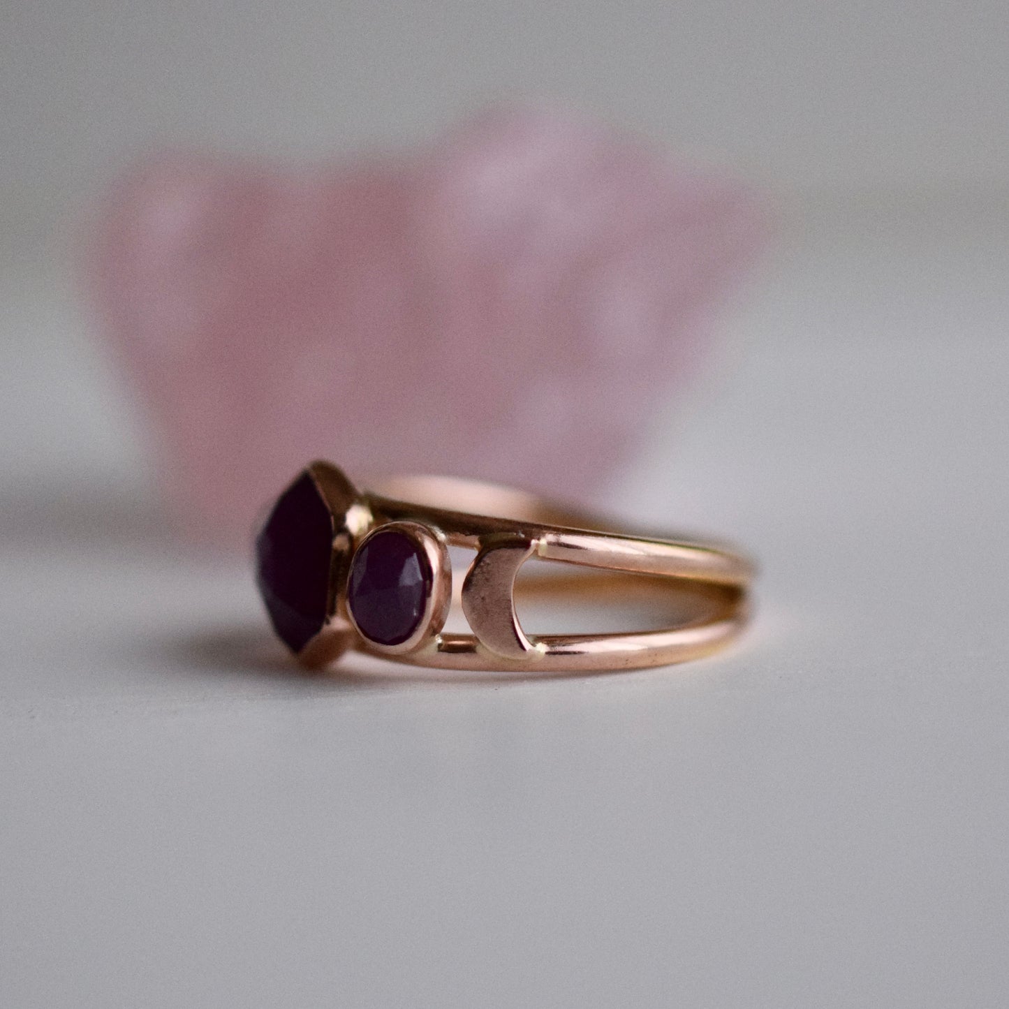 14k Solid Rose Gold Moonlight Siren Ring with rose cut Sapphires size 6