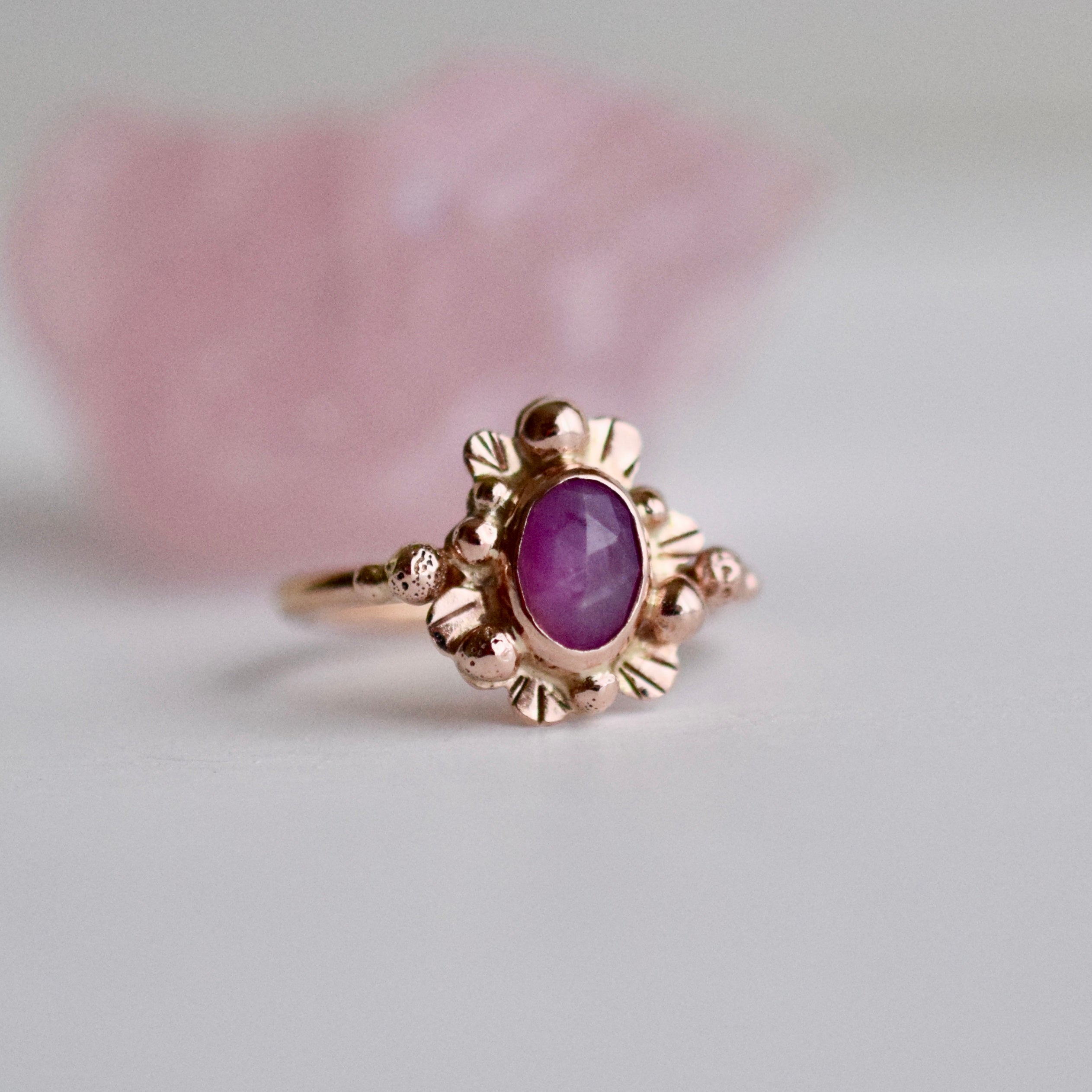 14k Solid Rose Gold Supernova Ring with rose cut Sapphire size 5