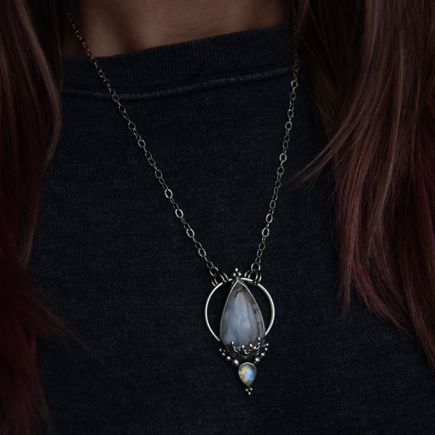 Pendulum Pendant with Dendritic Opal and Rainbow Moonstone