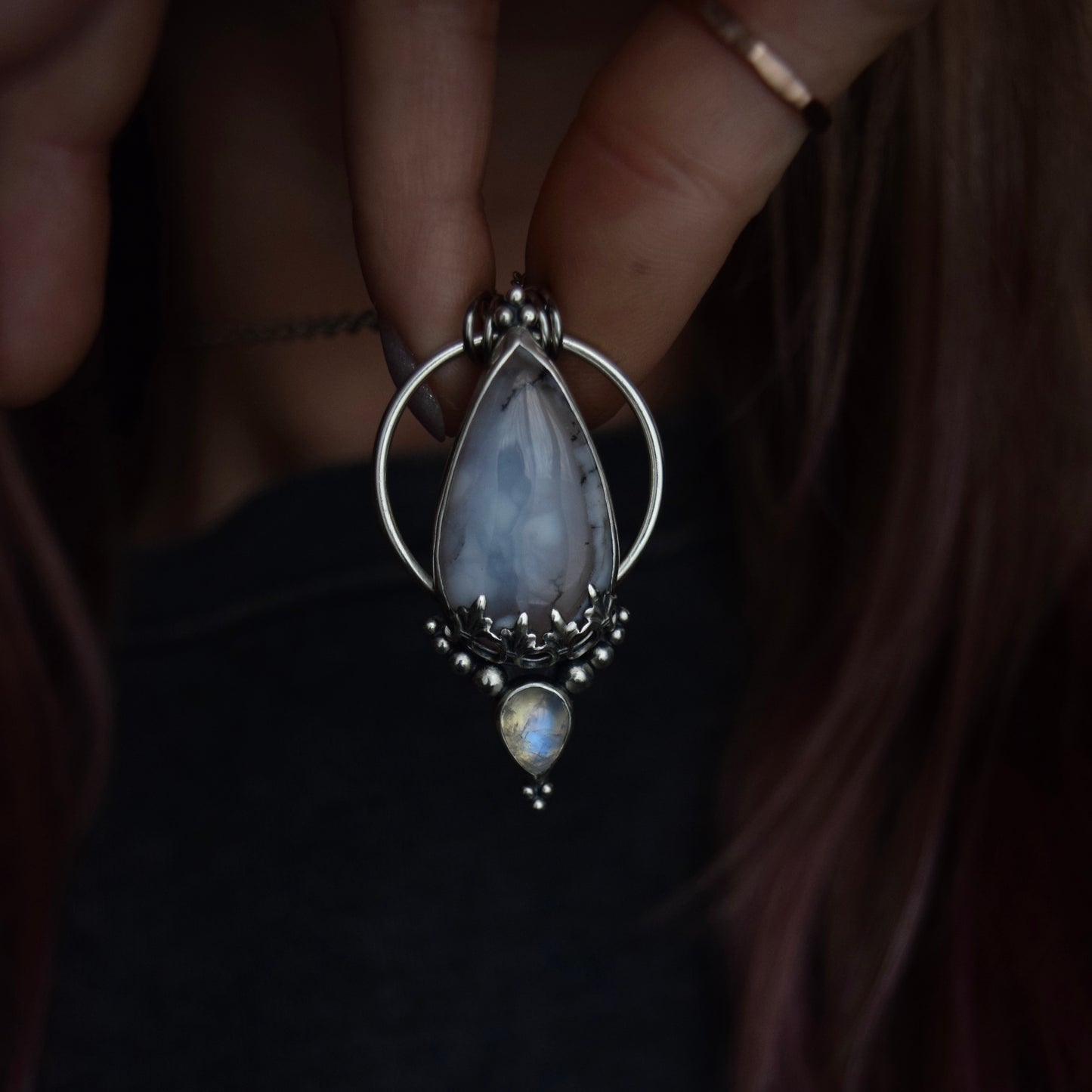 Pendulum Pendant with Dendritic Opal and Rainbow Moonstone