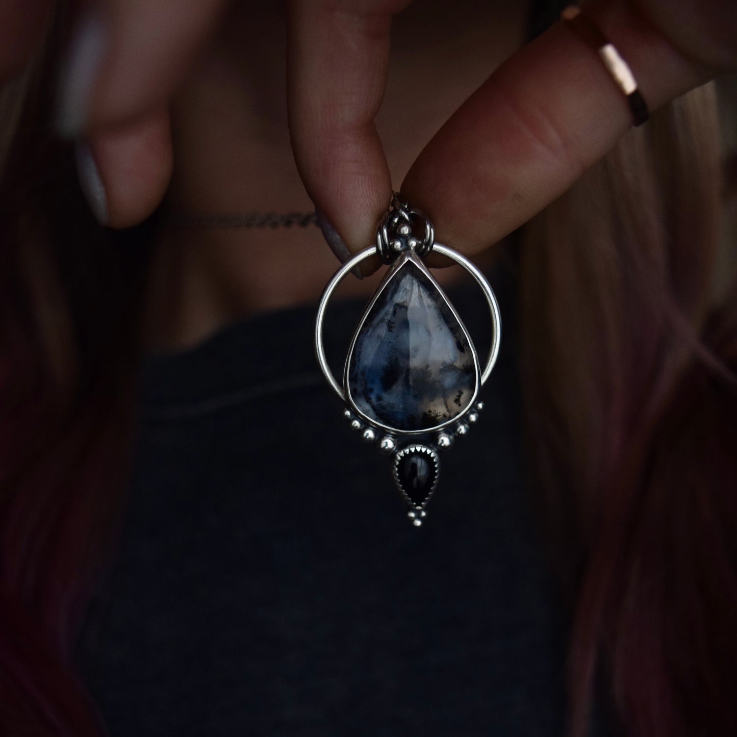 Pendulum Pendant with Dendritic Opal and Black Onyx
