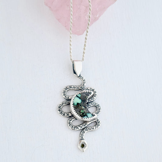 Serpent Moon Pendant with Damele Turquoise and .05ct Green Treated Diamond