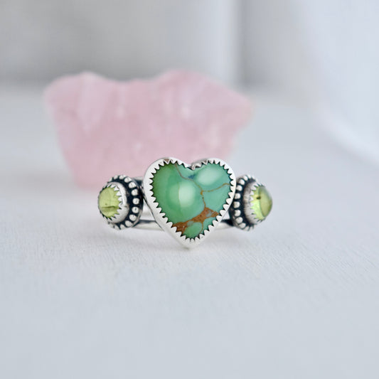 Heart Ring with Kingman Turquoise and Peridot size 9