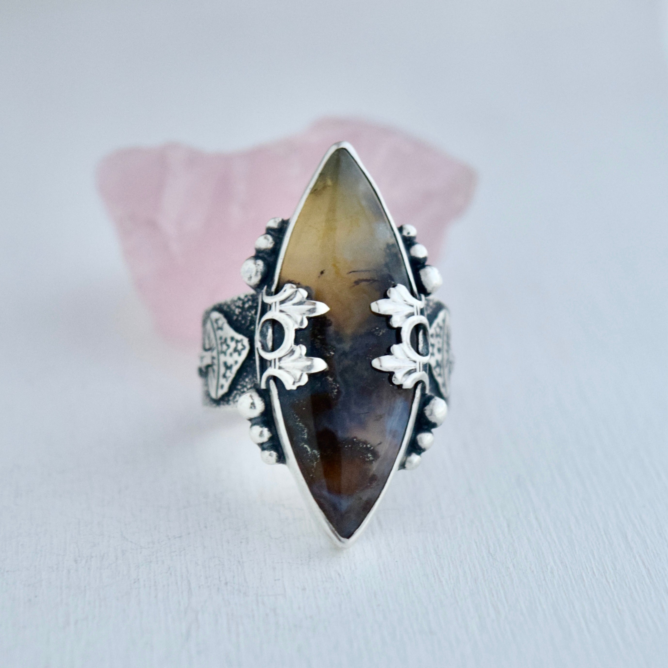 Mushroom Statement Ring with Graveyard Plume Agate size 10.25