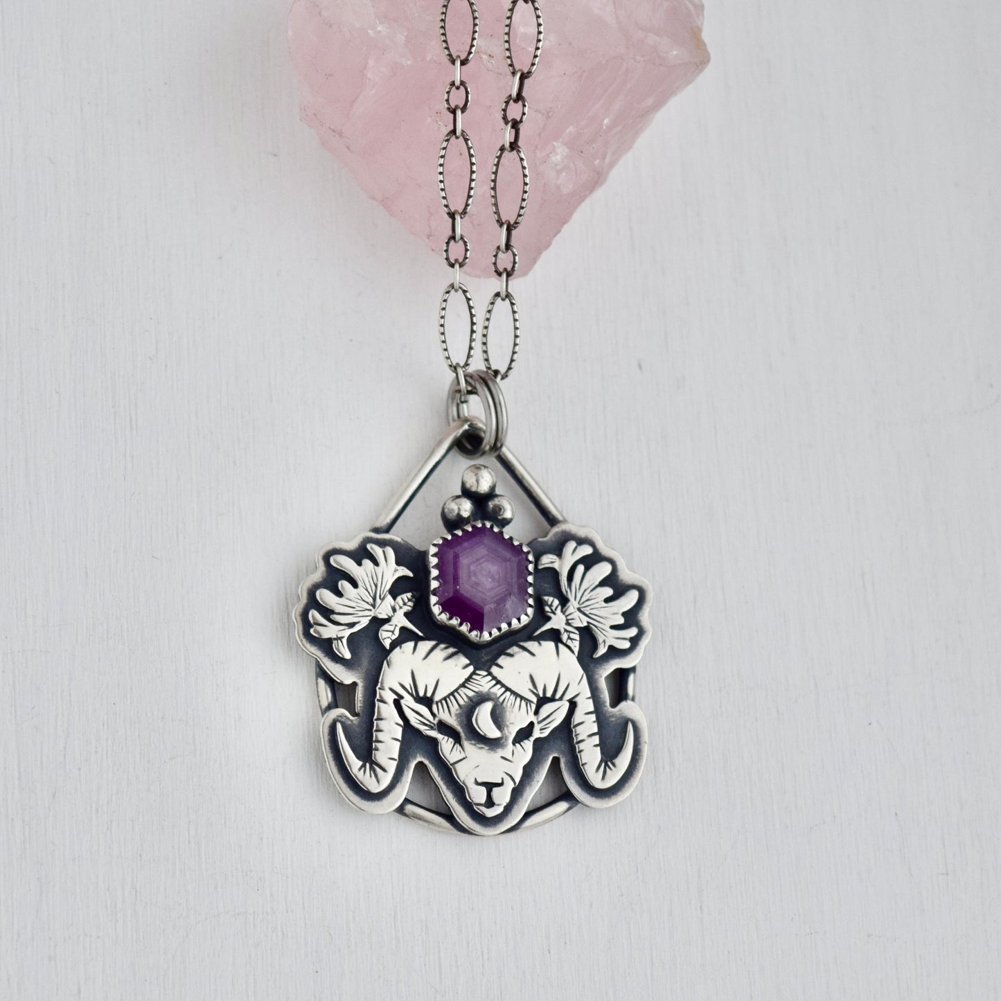 Aries Ram & Honeysuckle Pendant with Sapphire