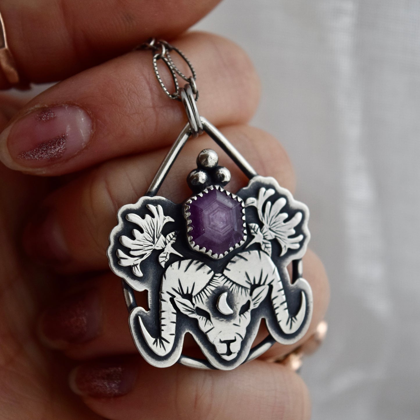 Aries Ram & Honeysuckle Pendant with Sapphire