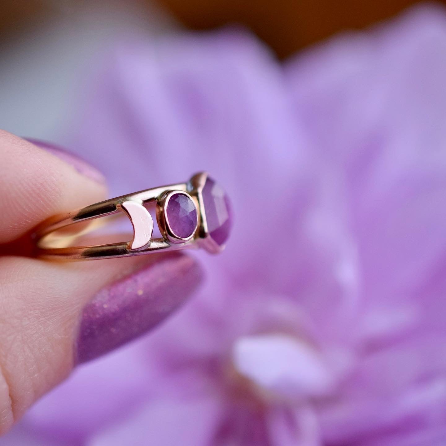 14k Solid Rose Gold Moonlight Siren Ring with rose cut Sapphires size 6